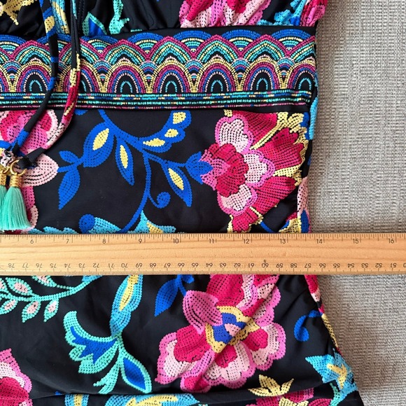 La Blanca Black Floral Print Tankini Swim Top Tassel Tie Front Adjustable Straps - Picture 11 of 14